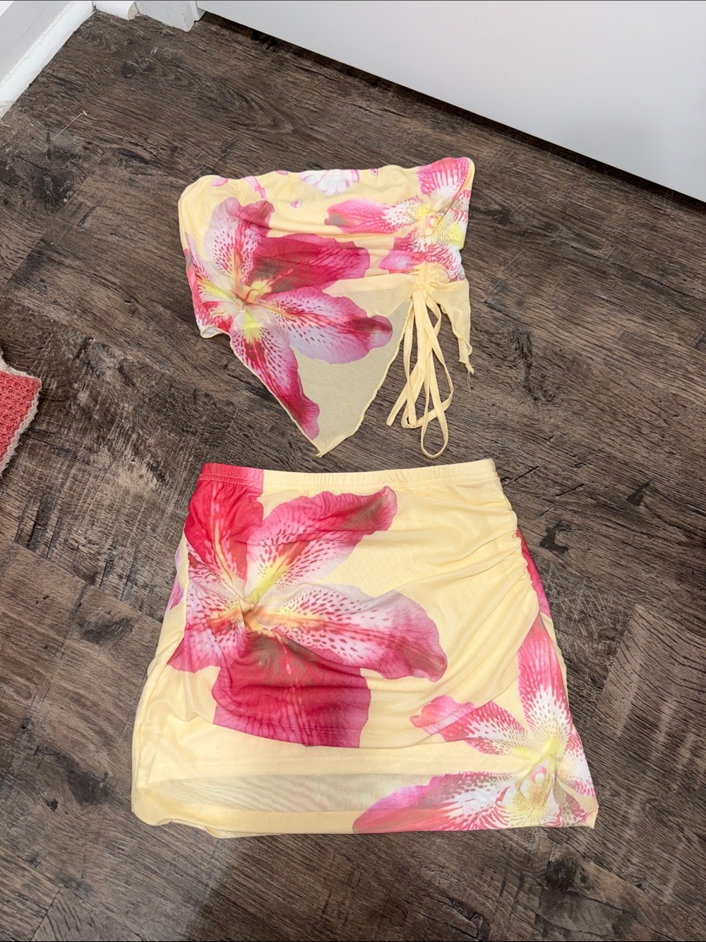SHEIN Yellow and Pink Floral Tie-Side Swim Coverup Set